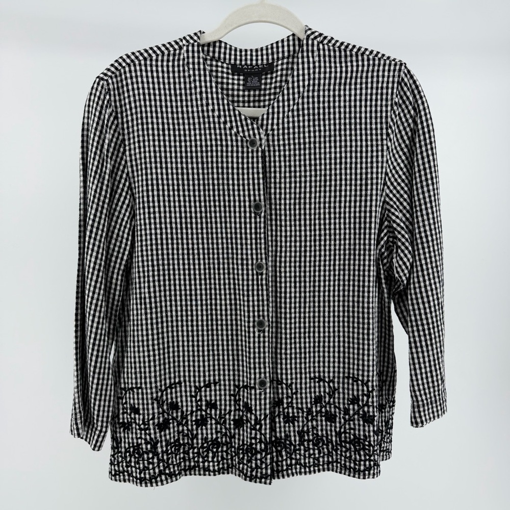 Vintage Rafael Sport Linen Blend Gingham Embroidered Blouse Top, Women's Large